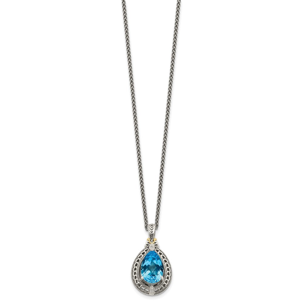 Shey Couture Sterling Silver with 14K Accent 18 Inch Antiqued Diamond and Pear Shaped Blue Topaz Necklace