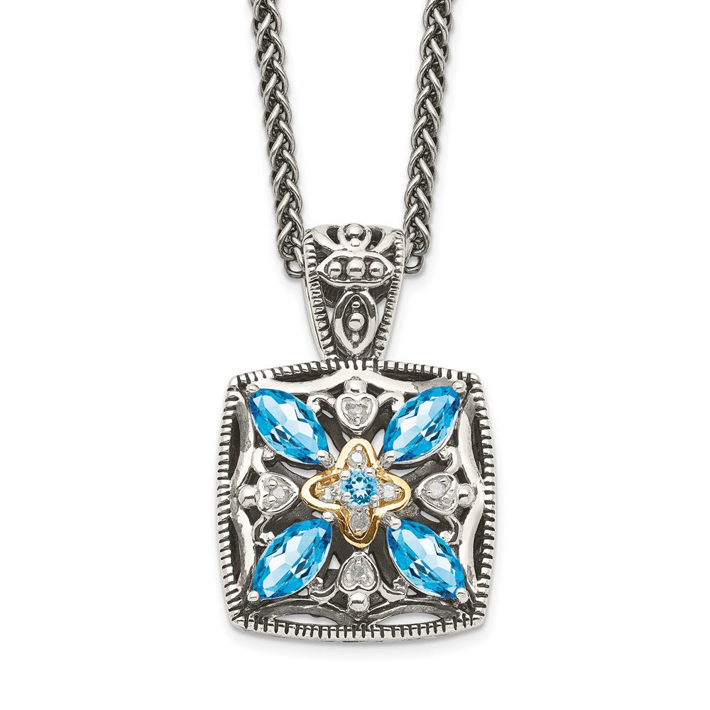 Shey Couture Sterling Silver with 14K Accent 18 Inch Antiqued Diamond and Marquise Blue Topaz Necklace