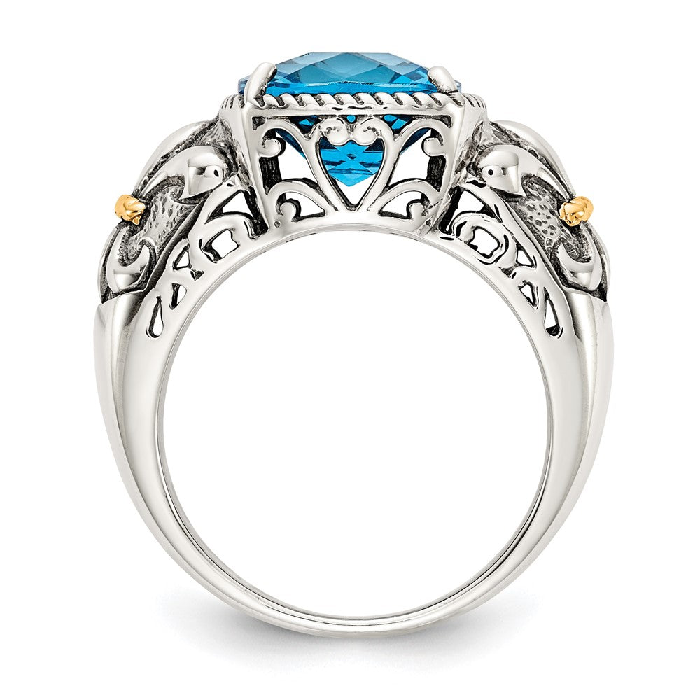Shey Couture Sterling Silver with 14K Accent Antiqued Cushion Checkerboard Blue Topaz Ring