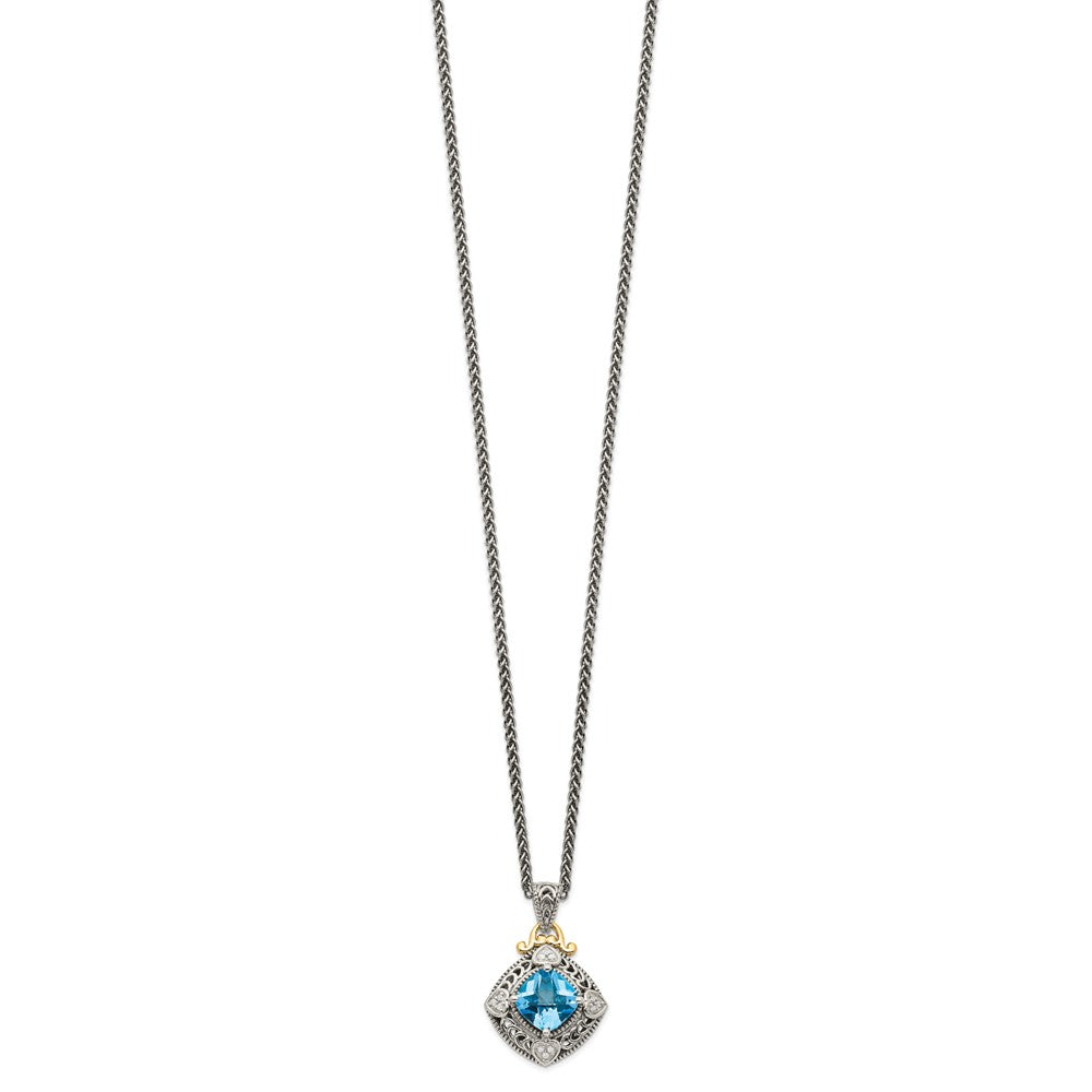 Shey Couture Sterling Silver with 14K Accent 18 Inch Antiqued Diamond and Cushion Blue Topaz Necklace