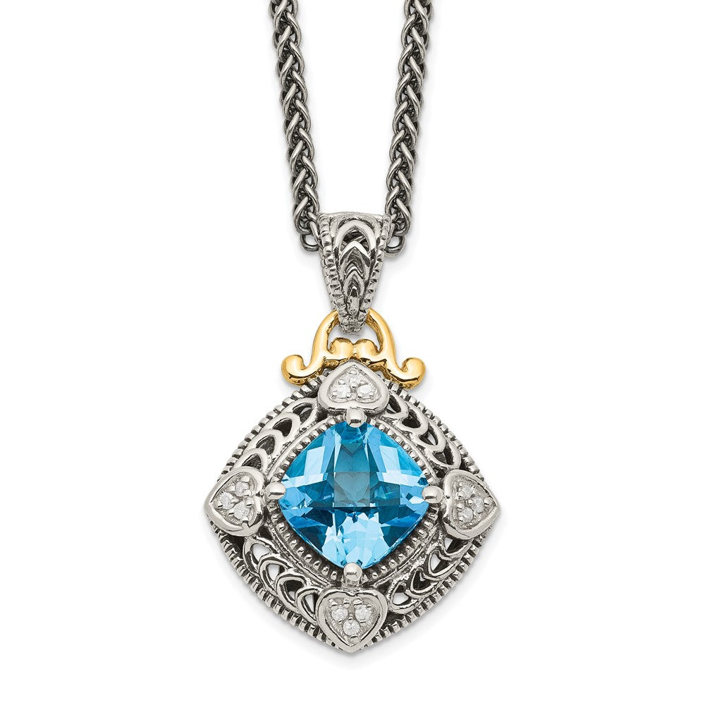 Shey Couture Sterling Silver with 14K Accent 18 Inch Antiqued Diamond and Cushion Blue Topaz Necklace