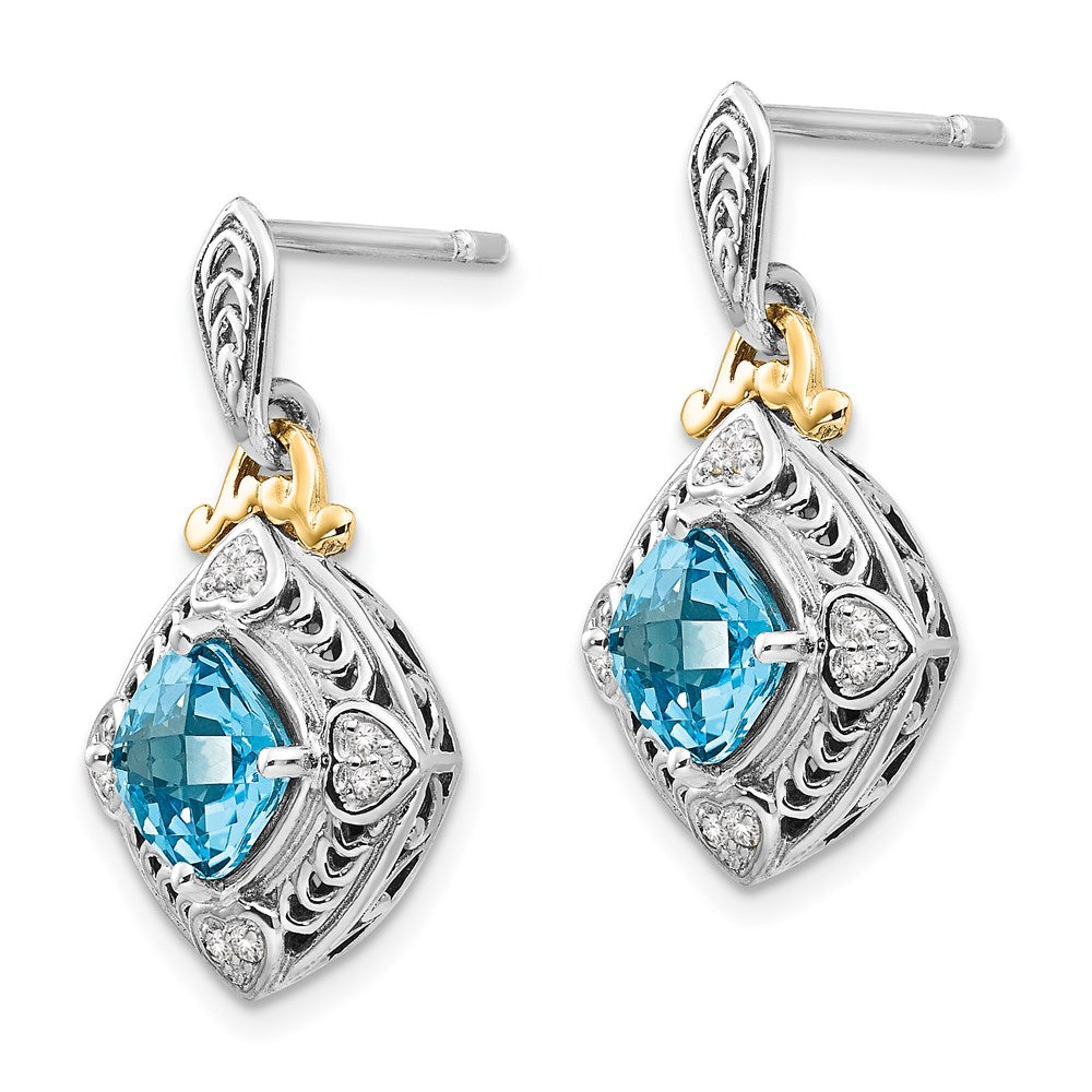 Shey Couture Sterling Silver with 14K Accent Antiqued Diamond and Cushion Blue Topaz Post Dangle Earrings