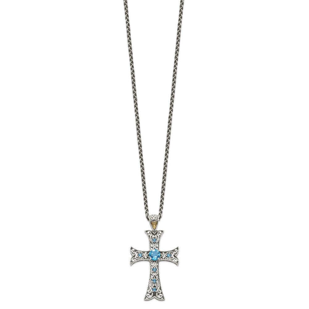 Shey Couture Sterling Silver Rhodium-plated with 14K Accent 18 Inch Antiqued Round Blue Topaz Cross Necklace