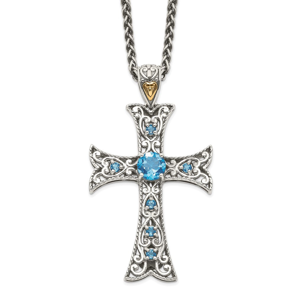 Shey Couture Sterling Silver Rhodium-plated with 14K Accent 18 Inch Antiqued Round Blue Topaz Cross Necklace