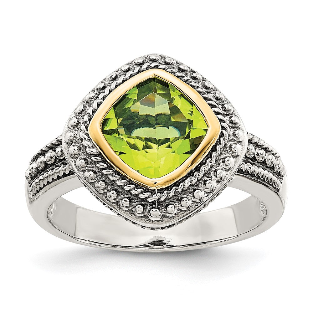 Shey Couture Sterling Silver with 14K Accent Antiqued Cushion Bezel Peridot Ring