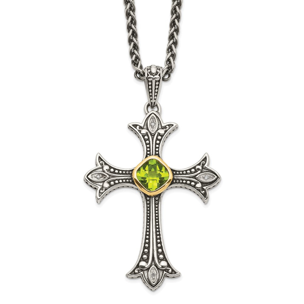 Shey Couture Sterling Silver with 14K Accent 18 Inch Antiqued Diamond and Cushion Bezel Peridot Necklace