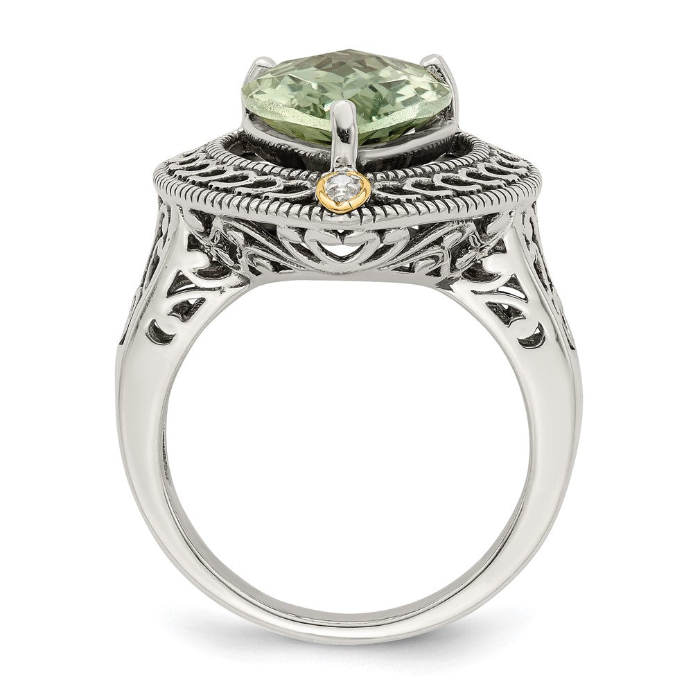 Shey Couture Sterling Silver with 14K Accent Antiqued Diamond and Pear Shaped Green Quartz Ring