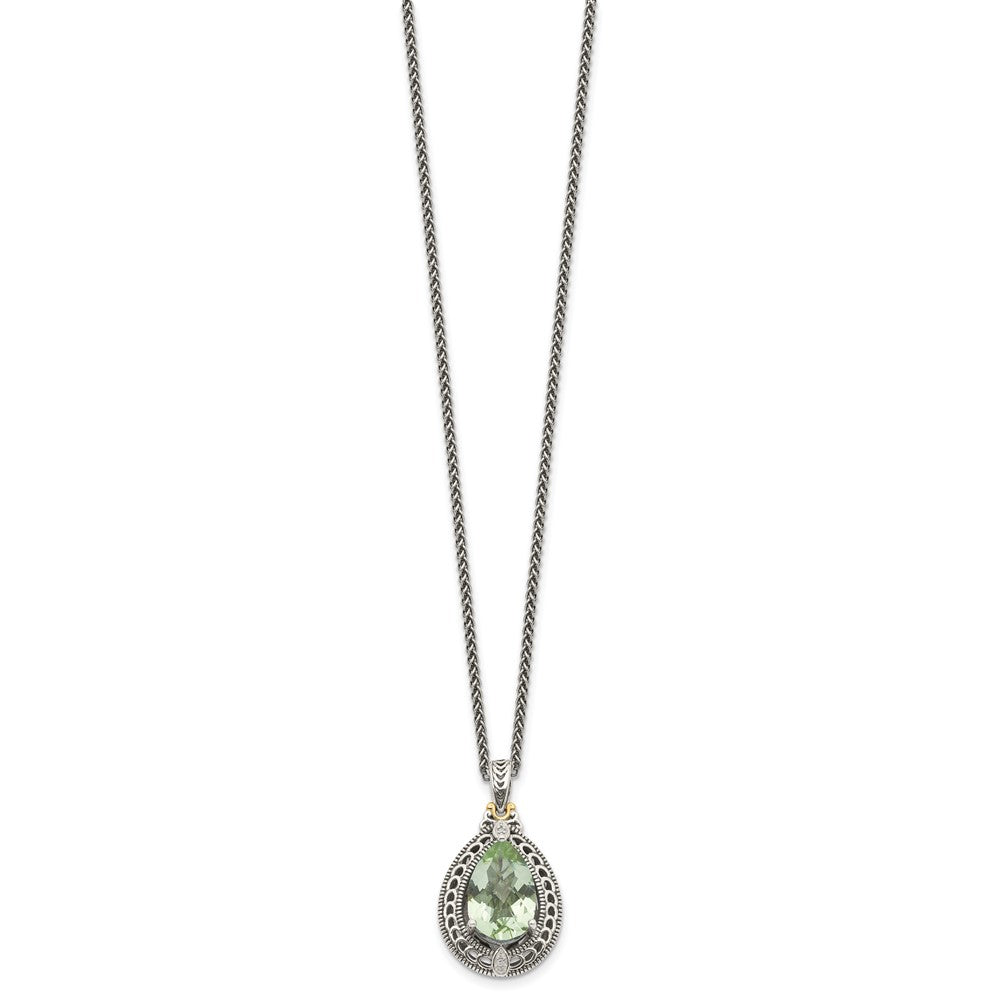 Shey Couture Sterling Silver with 14K Accent 18 Inch Antiqued Diamond and Pear Shaped Green Quartz Necklace