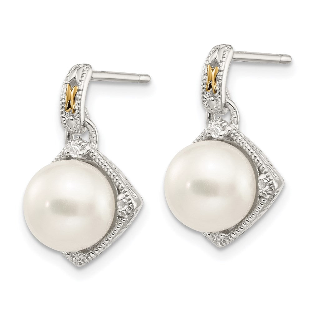 Shey Couture Sterling Silver Rhodium-plated with 14K Accent 7.5- Freshwater Cultured Pearl and Diamond Dangle Post Earrings