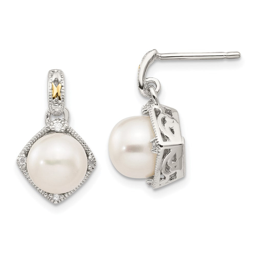 Shey Couture Sterling Silver Rhodium-plated with 14K Accent 7.5- Freshwater Cultured Pearl and Diamond Dangle Post Earrings