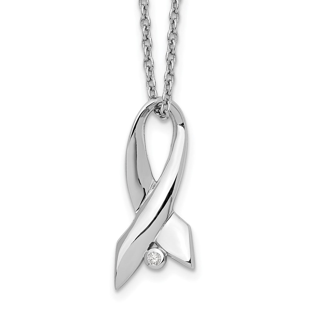 White Ice Sterling Silver Rhodium-plated 18 Inch Diamond Awareness Ribbon Necklace with 2 Inch Extender