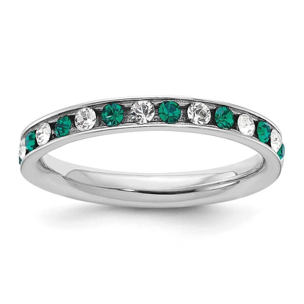 Sterling Silver Rhodium-plated Green and White Crystal Eternity Band Size 6