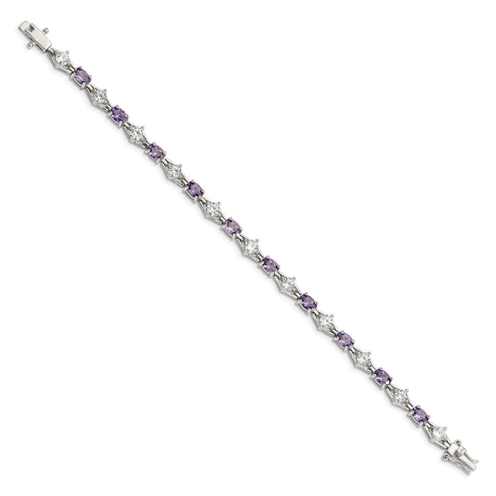 Sterling Silver Rhodium-plated Oval Purple and Clear CZ Bracelet
