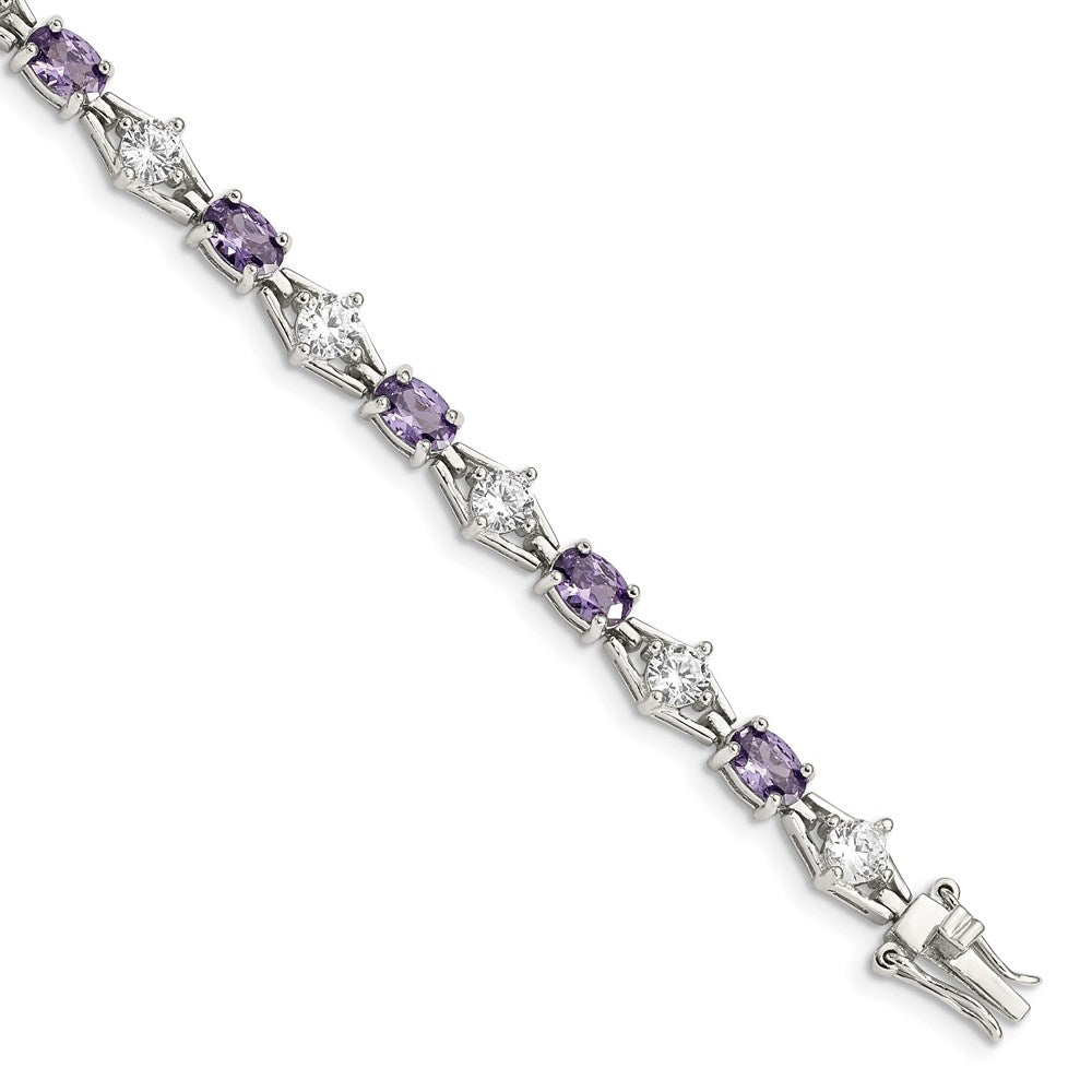 Sterling Silver Rhodium-plated Oval Purple and Clear CZ Bracelet
