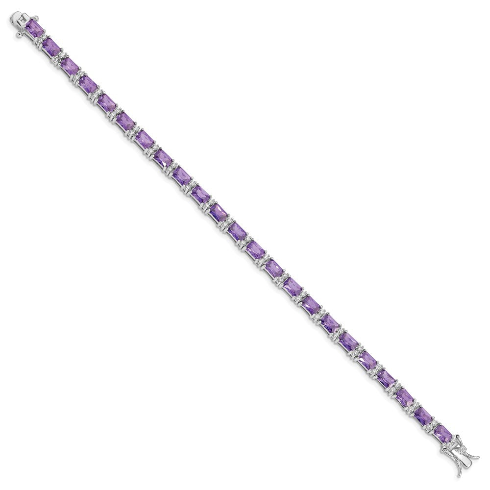 Sterling Silver Rhodium-plated Emerald-shape Purple and Clear CZ Tennis Bracelet