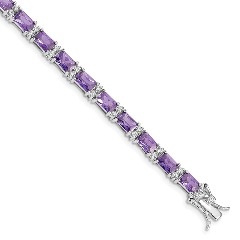 Sterling Silver Rhodium-plated Emerald-shape Purple and Clear CZ Tennis Bracelet