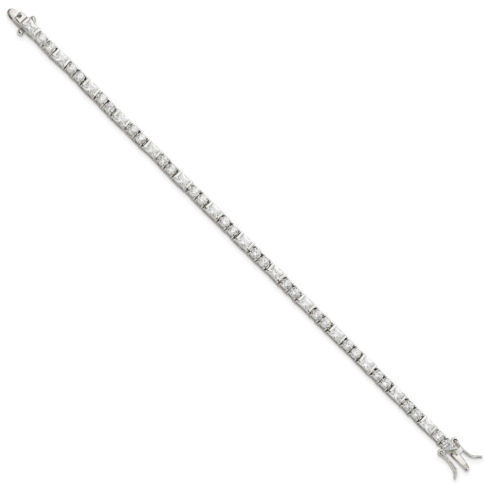 Sterling Silver Rhodium-plated Polished Round and Emerald-cut CZ Tennis Bracelet