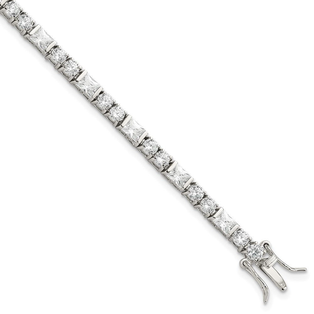Sterling Silver Rhodium-plated Polished Round and Emerald-cut CZ Tennis Bracelet