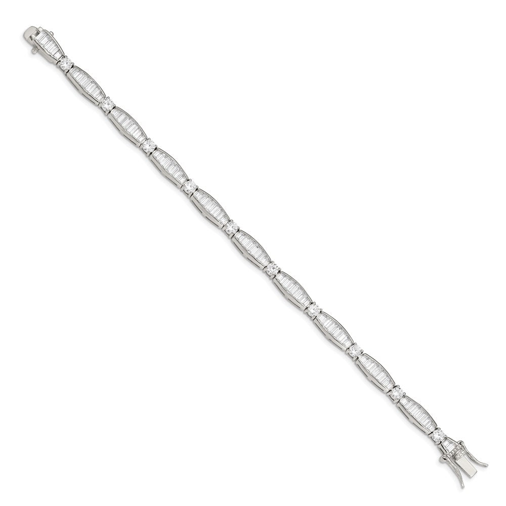 Sterling Silver Rhodium-plated Polished Baguette and Round CZ Bracelet