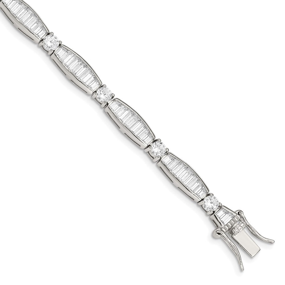 Sterling Silver Rhodium-plated Polished Baguette and Round CZ Bracelet