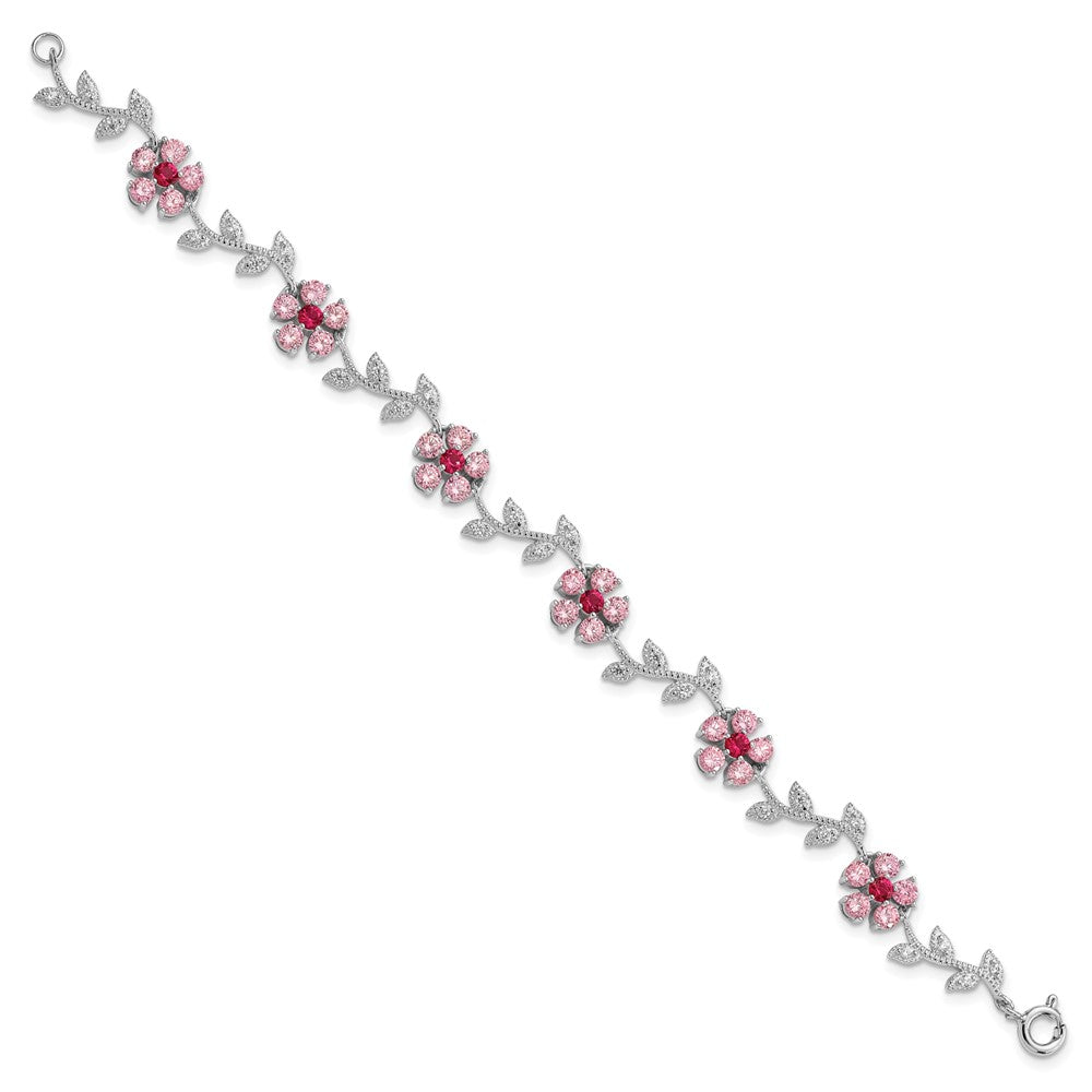 Sterling Silver Rhodium-plated Pink and Clear CZ Flower Bracelet