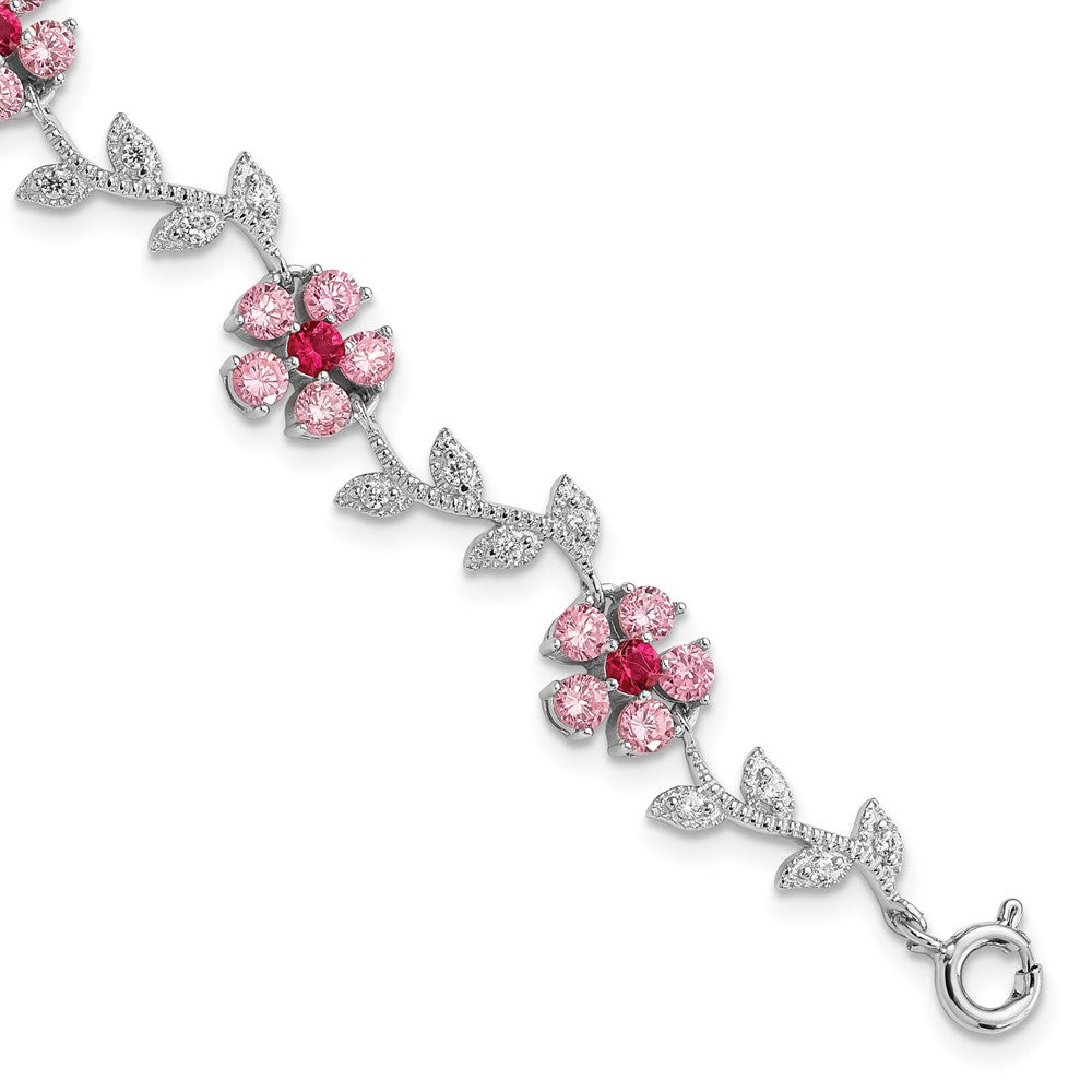 Sterling Silver Rhodium-plated Pink and Clear CZ Flower Bracelet