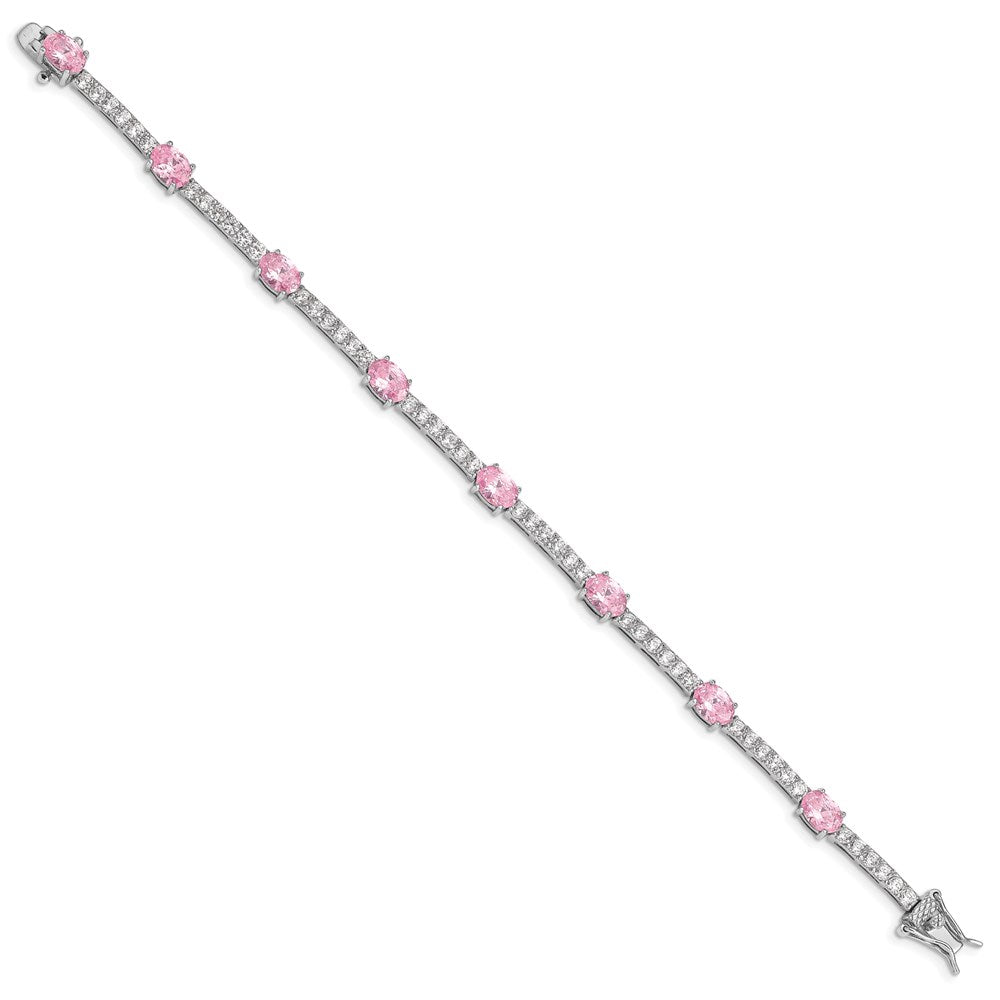 Sterling Silver Rhodium-plated Oval Pink and Clear CZ Bracelet