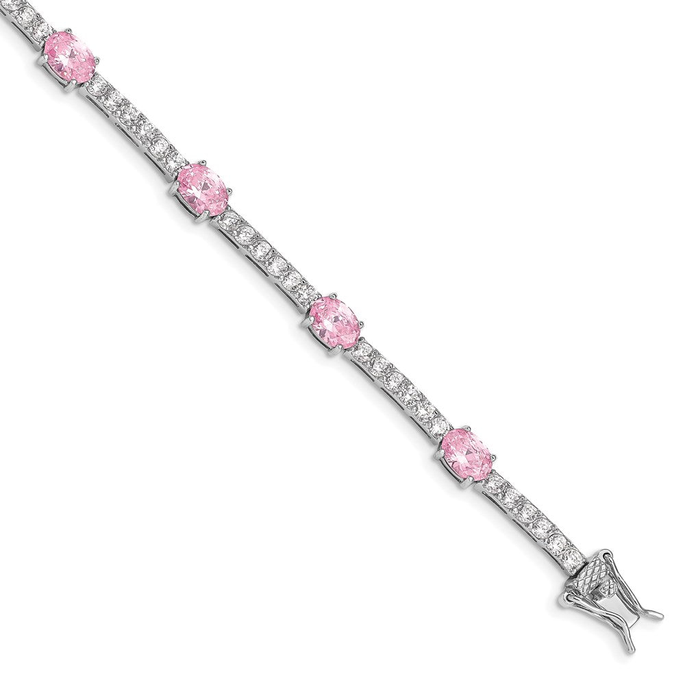 Sterling Silver Rhodium-plated Oval Pink and Clear CZ Bracelet