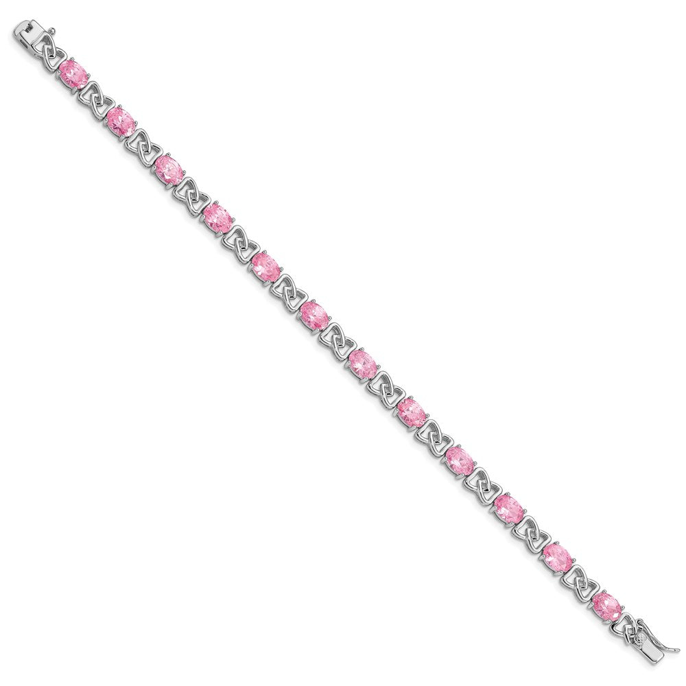 Sterling Silver Rhodium-plated Oval Pink CZ and Fancy Link Bracelet