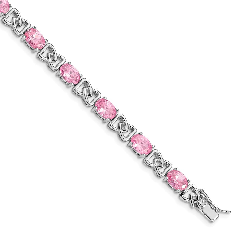 Sterling Silver Rhodium-plated Oval Pink CZ and Fancy Link Bracelet