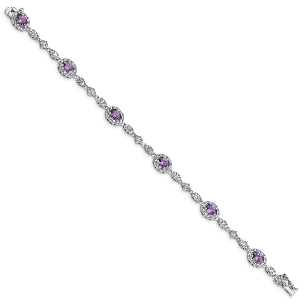 Sterling Silver Rhodium-plated Oval Purple and Clear CZ Halo Bracelet