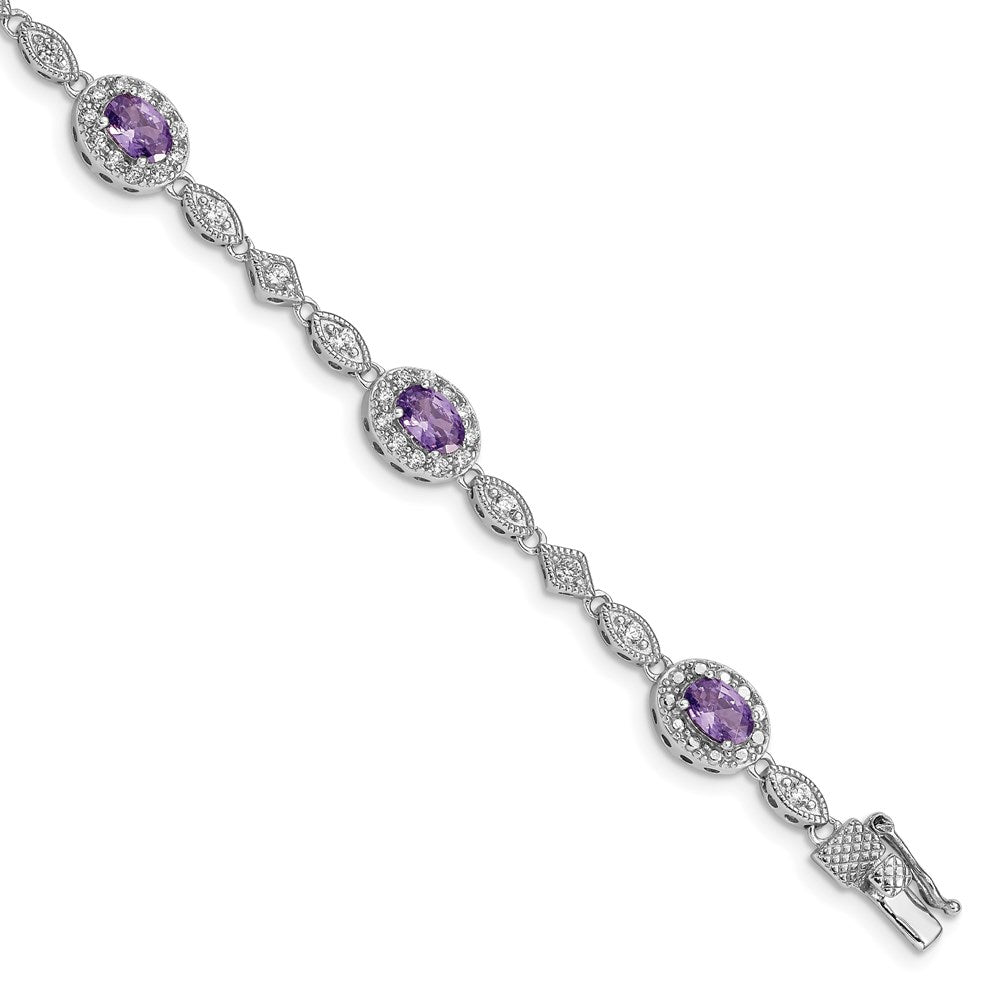 Sterling Silver Rhodium-plated Oval Purple and Clear CZ Halo Bracelet