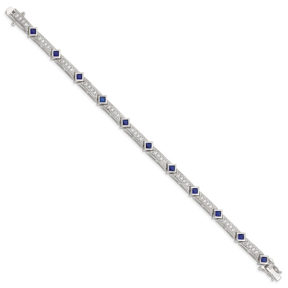 Sterling Silver Rhodium-plated Princess-cut Blue Glass and CZ Bracelet