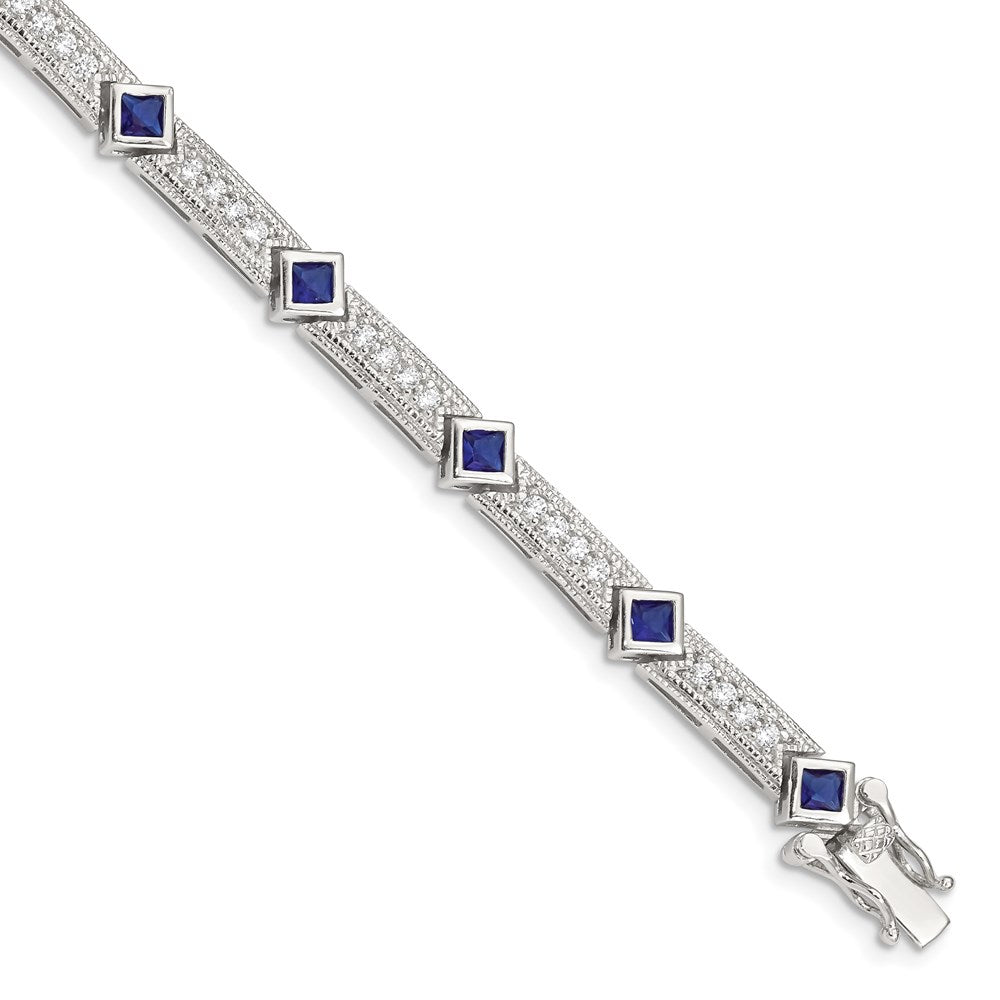 Sterling Silver Rhodium-plated Princess-cut Blue Glass and CZ Bracelet