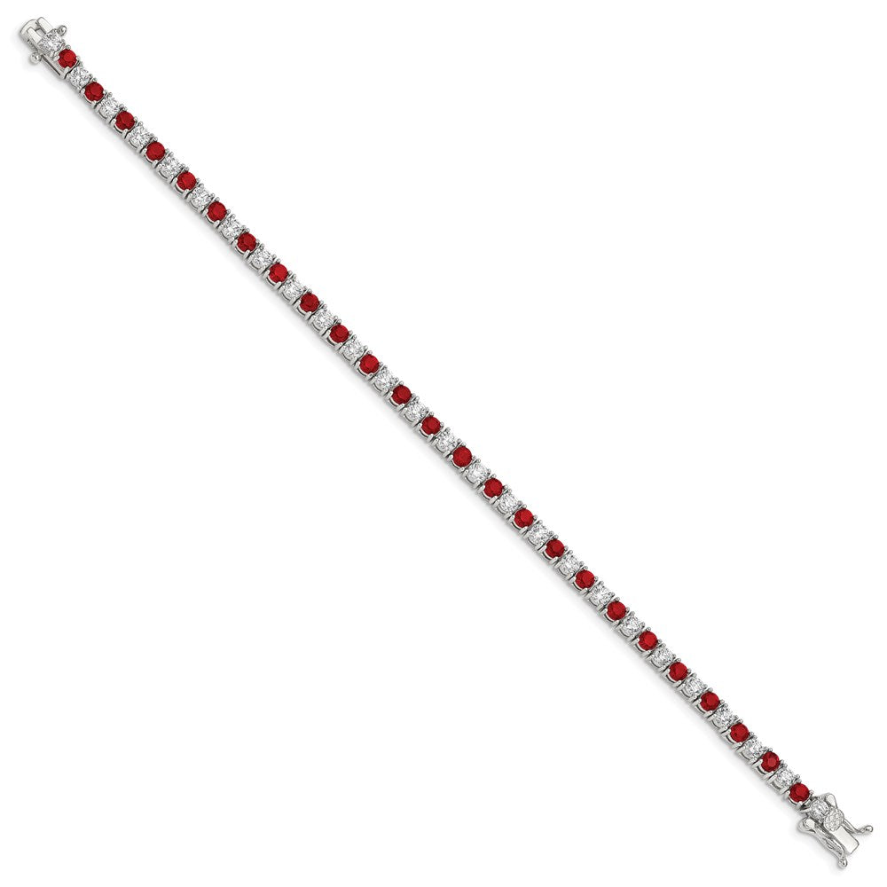 Sterling Silver Rhodium-plated Red Glass Stone and CZ Tennis Bracelet