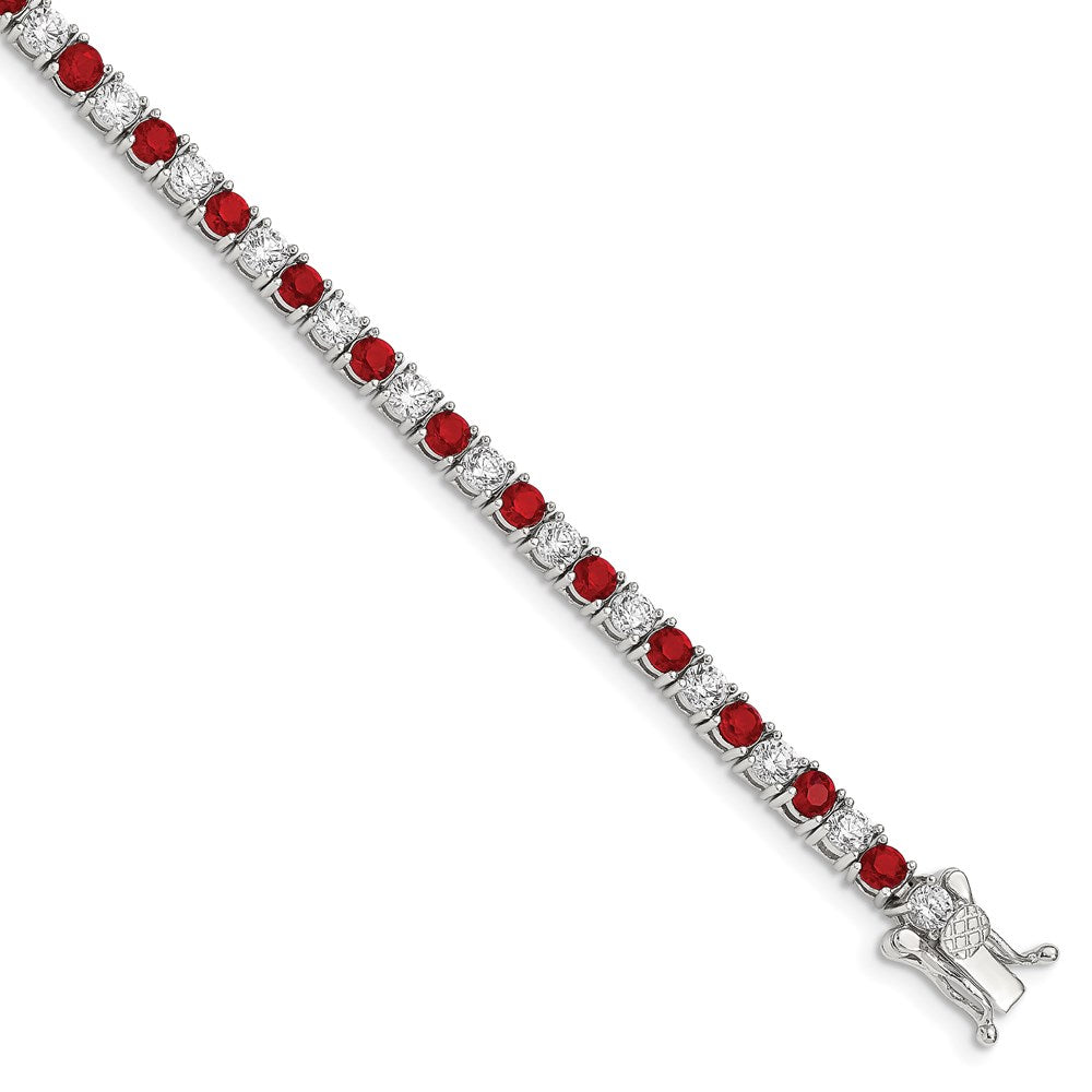 Sterling Silver Rhodium-plated Red Glass Stone and CZ Tennis Bracelet