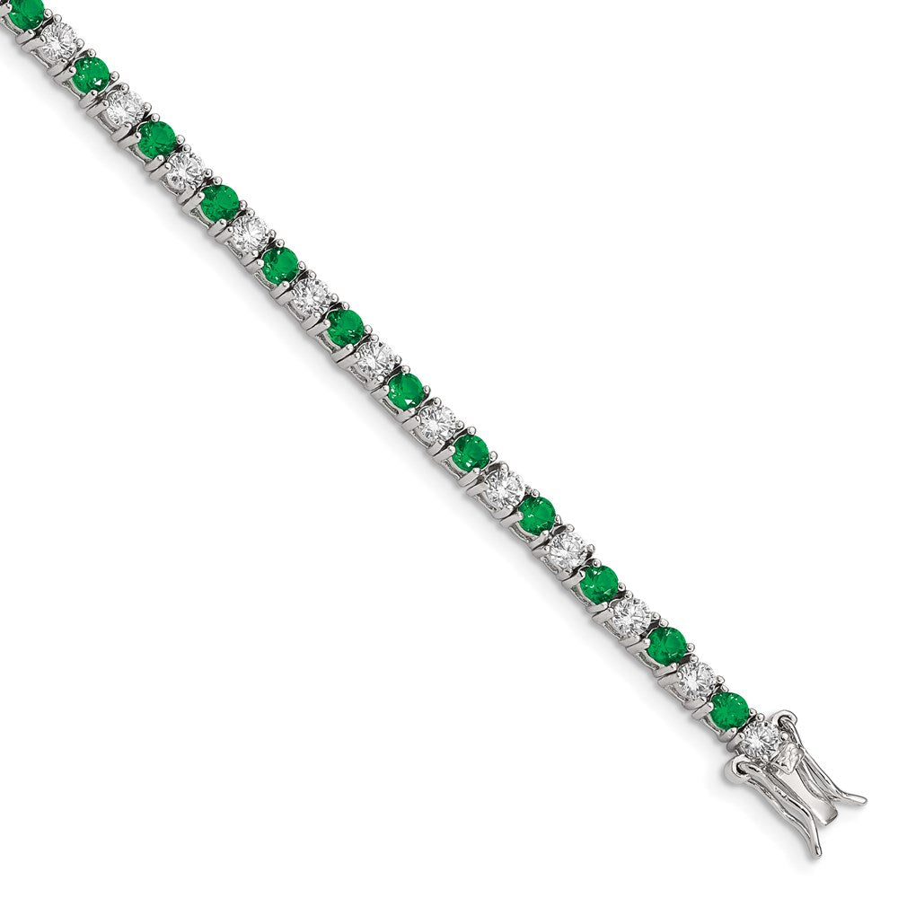 Sterling Silver Rhodium-plated Green Glass and CZ Bracelet