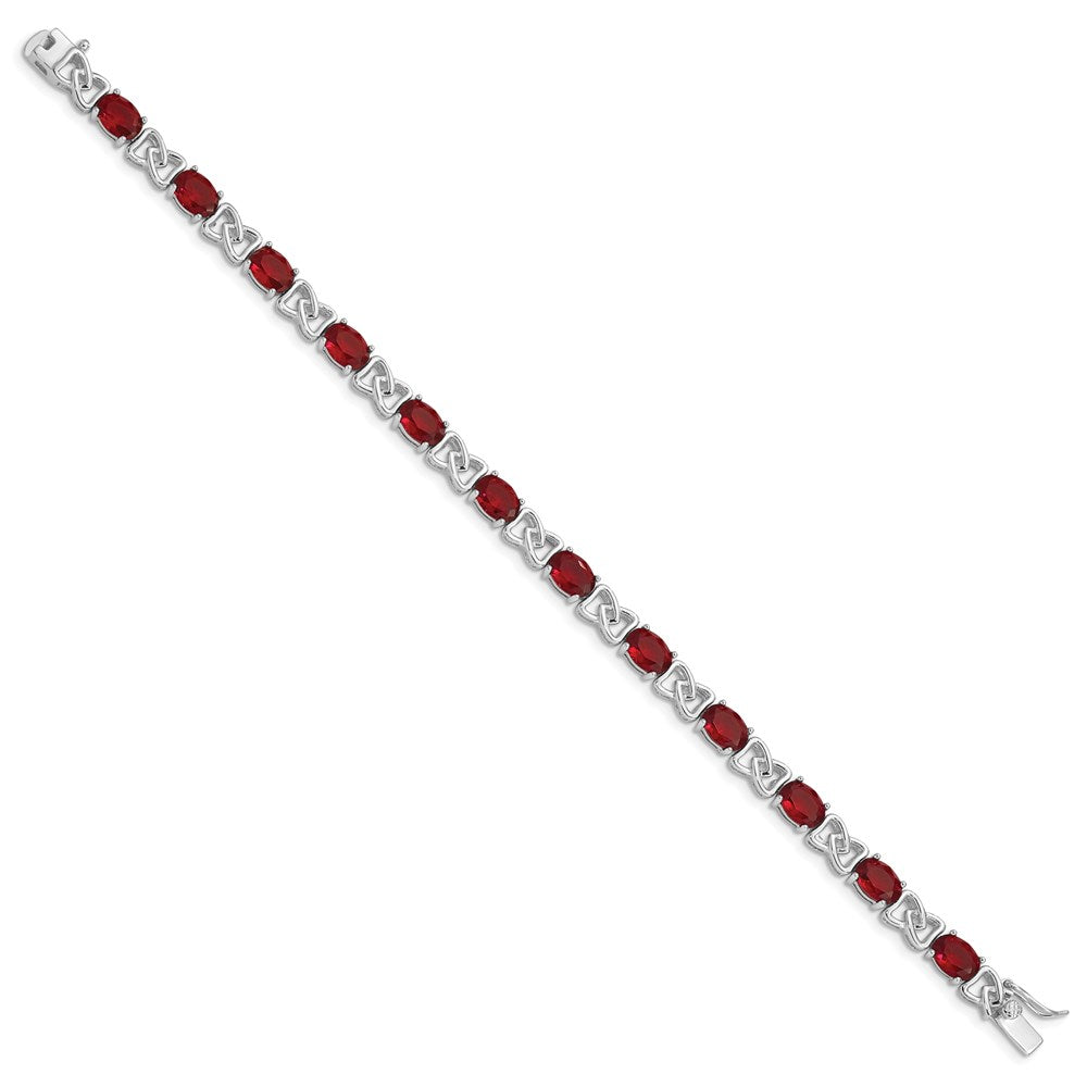 Sterling Silver Rhodium-plated Oval Red CZ and Fancy Link Bracelet