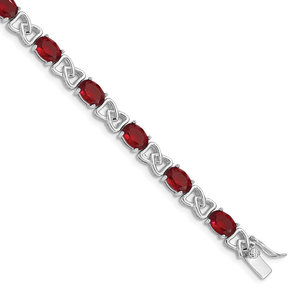 Sterling Silver Rhodium-plated Oval Red CZ and Fancy Link Bracelet