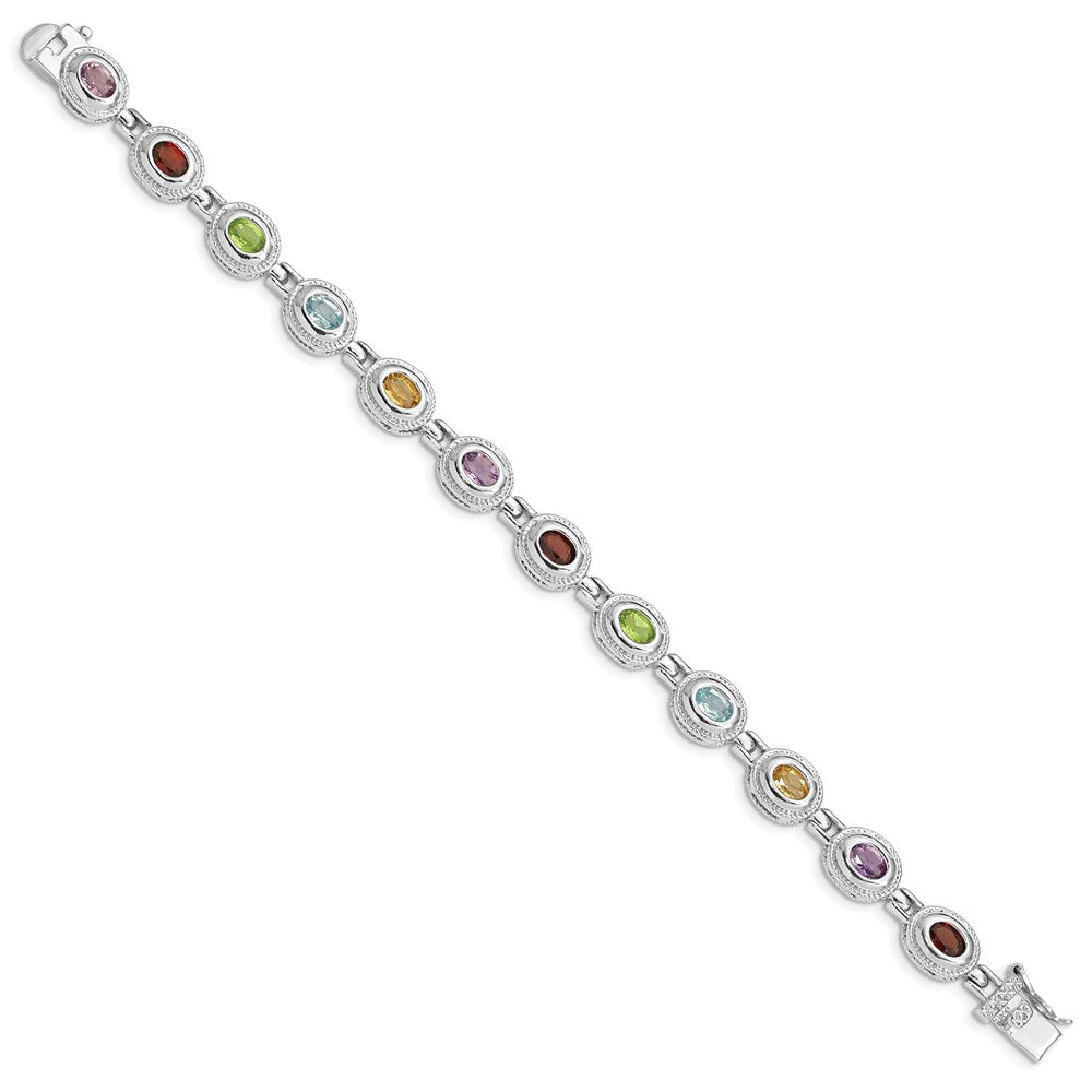 Sterling Silver Rhod-pltd Rainbow Multi-gemstone Bracelet