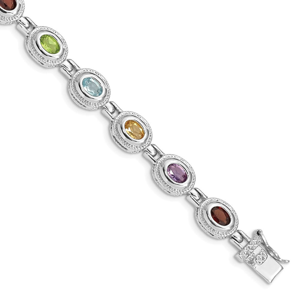 Sterling Silver Rhod-pltd Rainbow Multi-gemstone Bracelet