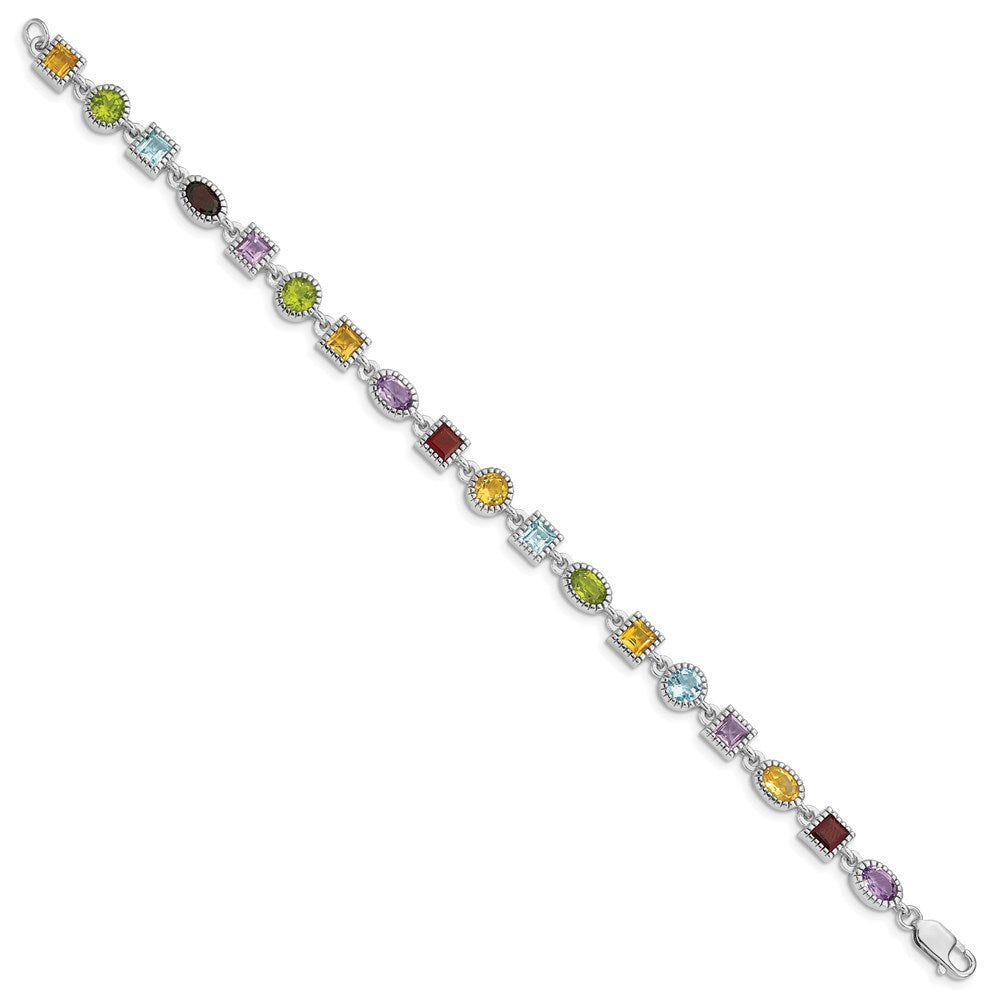 Sterling Silver Rhod Plated Rainbow Multi-gemstone Bracelet