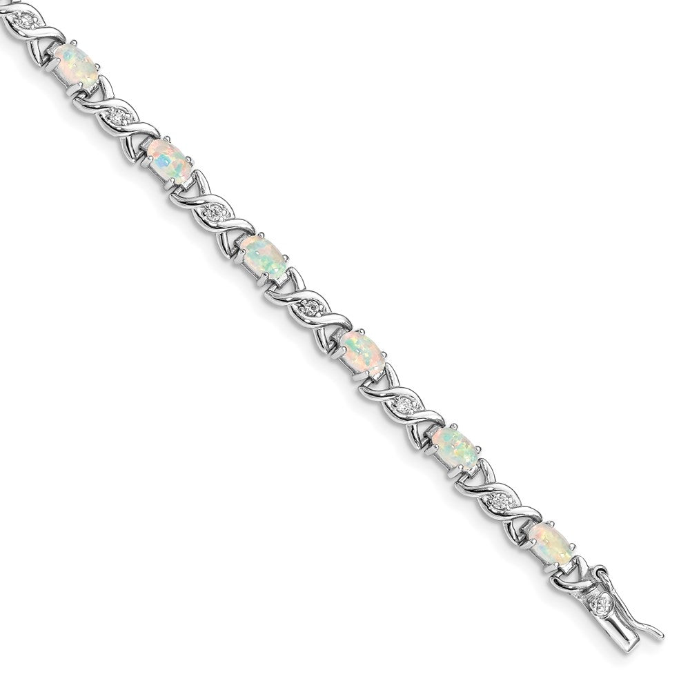 Sterling Silver Rhod-plated White Created Opal and CZ Bracelet