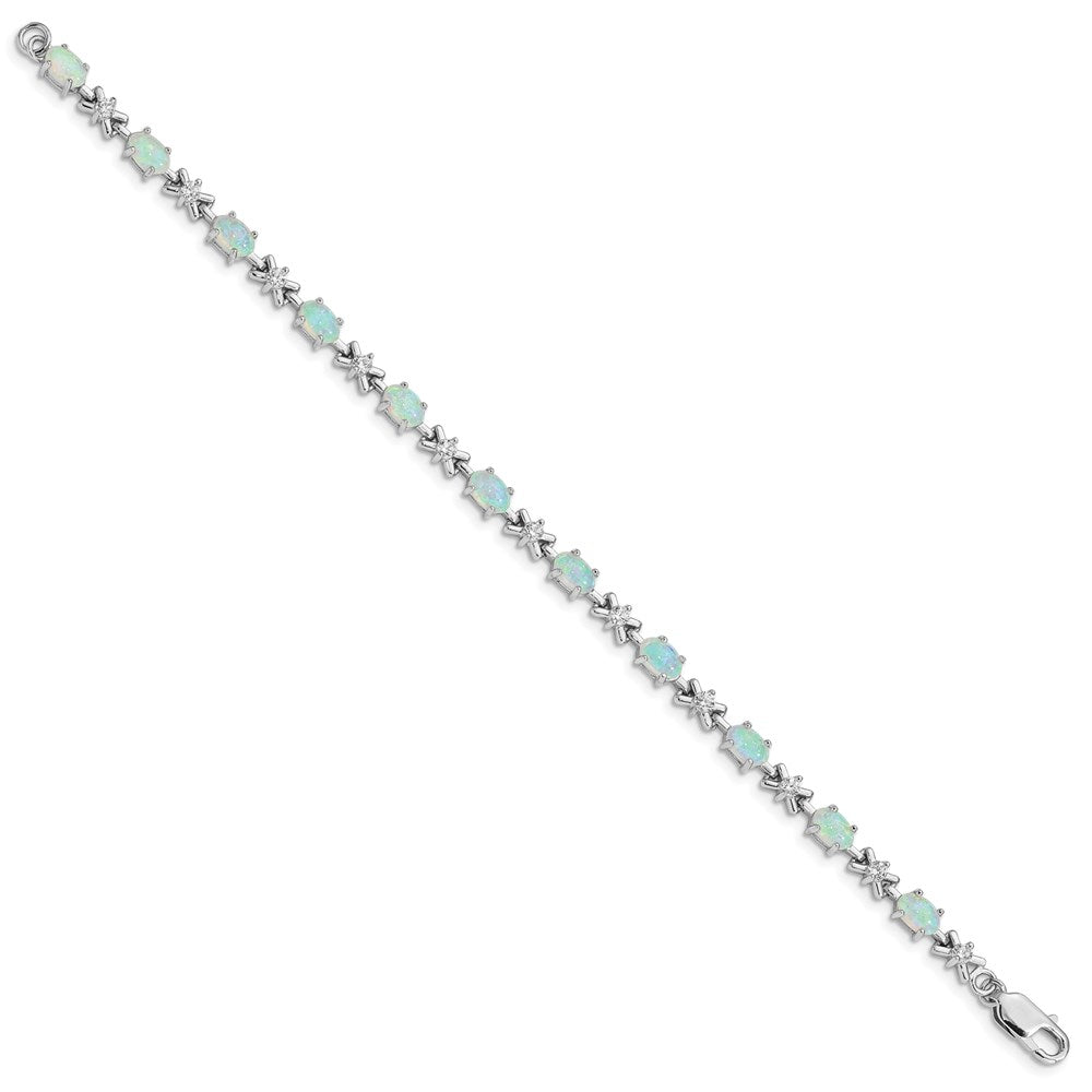 Sterling Silver Rhodium Plated CZ/Created Opal XO Bracelet