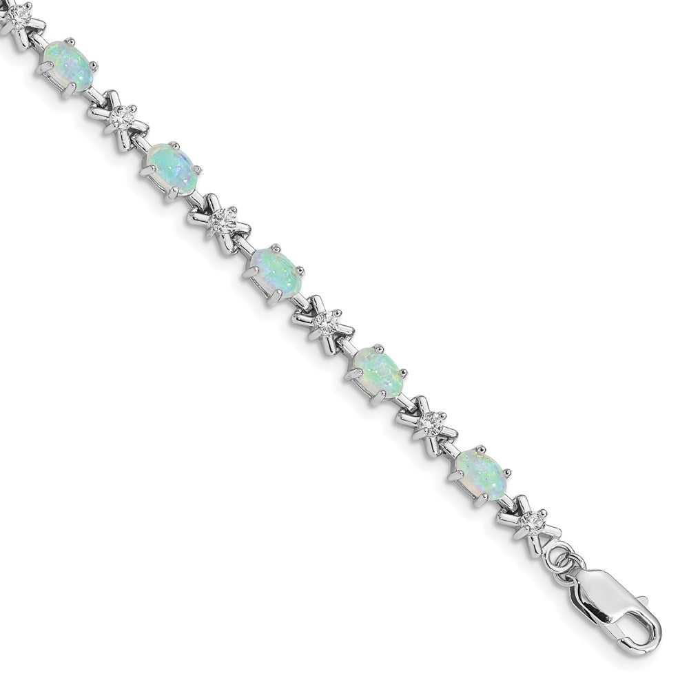 Sterling Silver Rhodium Plated CZ/Created Opal XO Bracelet