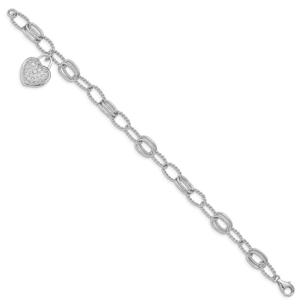 Sterling Silver Rhodium-plated CZ Heart Dangle Bracelet