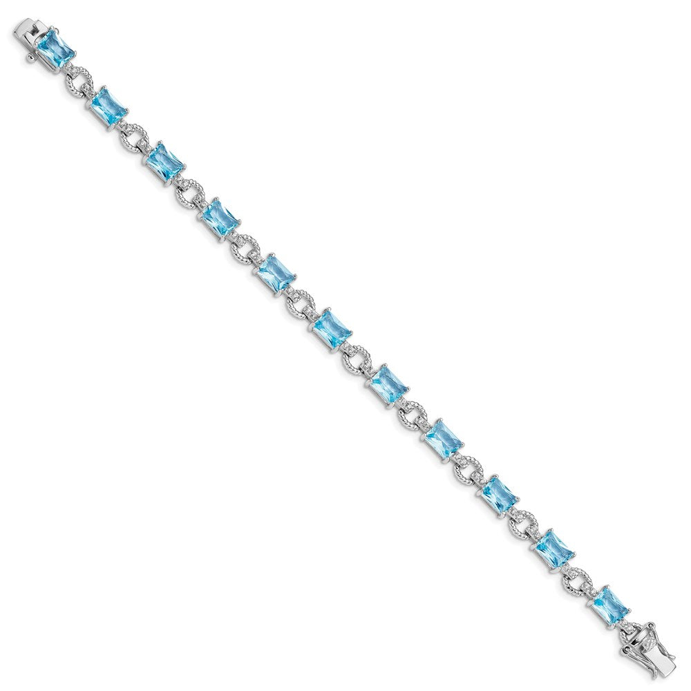 Sterling Silver Rhodium-plated Clear and Blue Emerald-shape CZ Bracelet