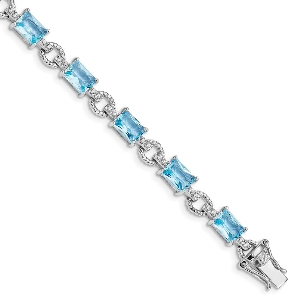 Sterling Silver Rhodium-plated Clear and Blue Emerald-shape CZ Bracelet