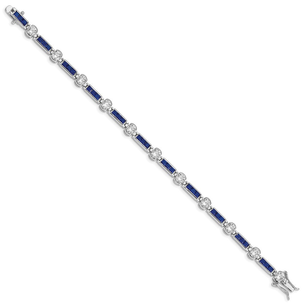 Sterling Silver Rhodium-plated Princess-cut Blue Glass and Round CZ Bracelet