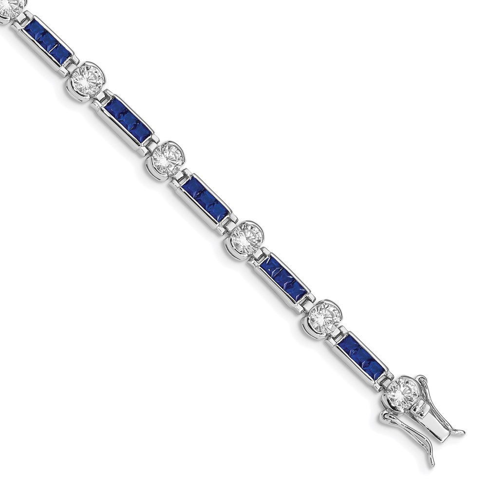 Sterling Silver Rhodium-plated Princess-cut Blue Glass and Round CZ Bracelet